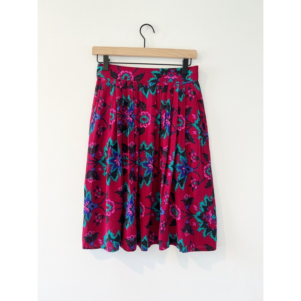 Vintage 80s vibrant floral print midi skirt boho folk bold block dopamine USA